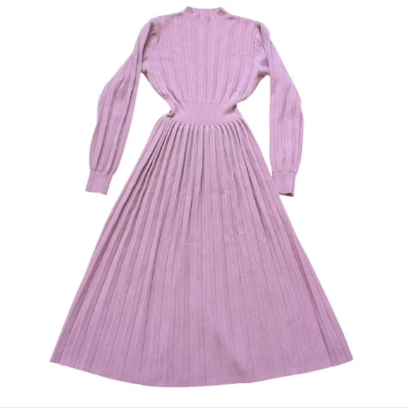 Sweater Dress Pink Long Sleeve Pleated Midi Dress Medium Mauve - Picture 2 of 8